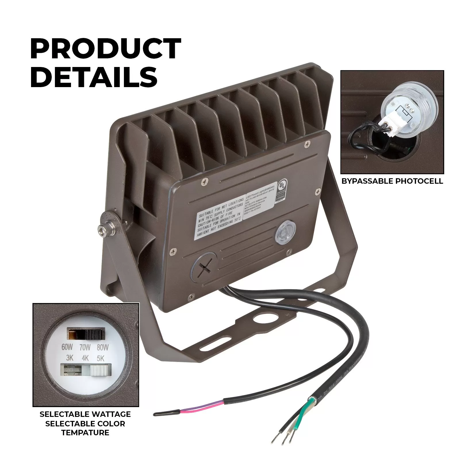 LED Flood Light - CCT And Wattage Selectable - Bypassable Photocell - Yoke Mount - Up To 11,600 Lumens - 60W / 70W / 80W - 3000K / 4000K / 5000K 2 LED Flood Light - CCT And Wattage Selectable - Bypassable Photocell - Yoke Mount - Up To 11,600 Lumens - 60W / 70W / 80W - 3000K / 4000K / 5000K - Image 2