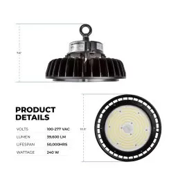 240W UFO LED High Bay Light - 39,600 Lumens - 1000W MH Equivalent - 5000K -Lighting Decoration Store hbud2 50k240lsd product details