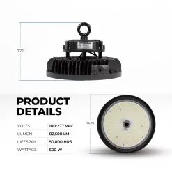 500W UFO LED High Bay Light - 82,500 Lumens - 1,500W MH Equivalent - 5000K -Lighting Decoration Store hbud2 50k500lsd product details v1