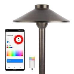 Solid Brass Landscape Path Light - 8" Cone Shade - Drop-In Fixture - Optional G4 Smart Bulb - RGB + White - Alexa / Google Assistant