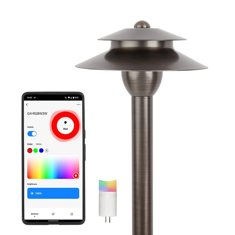 Solid Brass Landscape Path Light - 6" Two-Tier Cone Shade - Drop-In Fixture With G4 Smart Bulb - RGB + White - Alexa / Google Assistant 1 Solid Brass Landscape Path Light - 6" Two-Tier Cone Shade - Drop-In Fixture With G4 Smart Bulb - RGB + White - Alexa / Google Assistant
