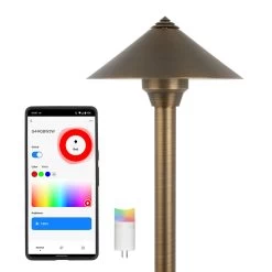 Solid Brass LED Ready Landscape Pointed Cone Shade Path Light - Optional G4 Smart Bulb - RGB + White - Alexa / Google Assistant