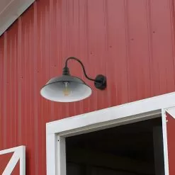 LED Ready Gooseneck Barn Light - Black 14” Shade - Steel Construction - Compatible With Standard E26 Base Bulb -Lighting Decoration Store se 005 side of barn red gooseneck up1