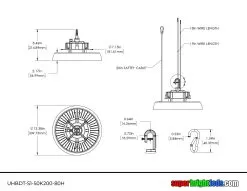 200W High Temperature UFO LED High Bay Light - 28,000 Lumens - 750W MH Equivalent - 5000K -Lighting Decoration Store uhbdt s1 50k200 80h dim drawing
