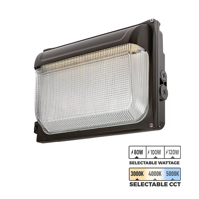 Slim LED Wall Pack - Selectable CCT And Wattage - Up To 16,200 Lumens - Integrated Photocell - 3000K / 4000K / 5000K - 80W / 100W / 120W 1 Slim LED Wall Pack - Selectable CCT And Wattage - Up To 16,200 Lumens - Integrated Photocell - 3000K / 4000K / 5000K - 80W / 100W / 120W