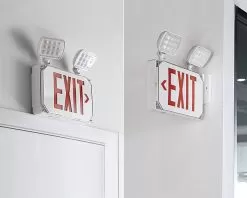 Wet Location Rated LED Emergency Exit Sign - Battery Backup - Adjustable Light Heads - Flame-Retardant - Red -Lighting Decoration Store xsc rwl installed upclose
